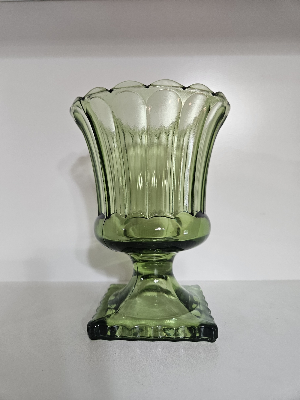 Indiana Glass Avocado Green Scalloped Pedestal Vase
